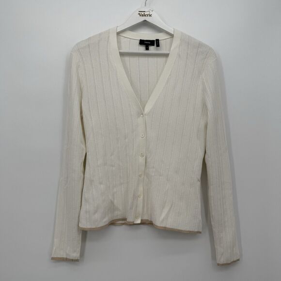 Theory Open Knit White & Tan Cardigan Top Preppy Designer Size Medium - Picture 1 of 10